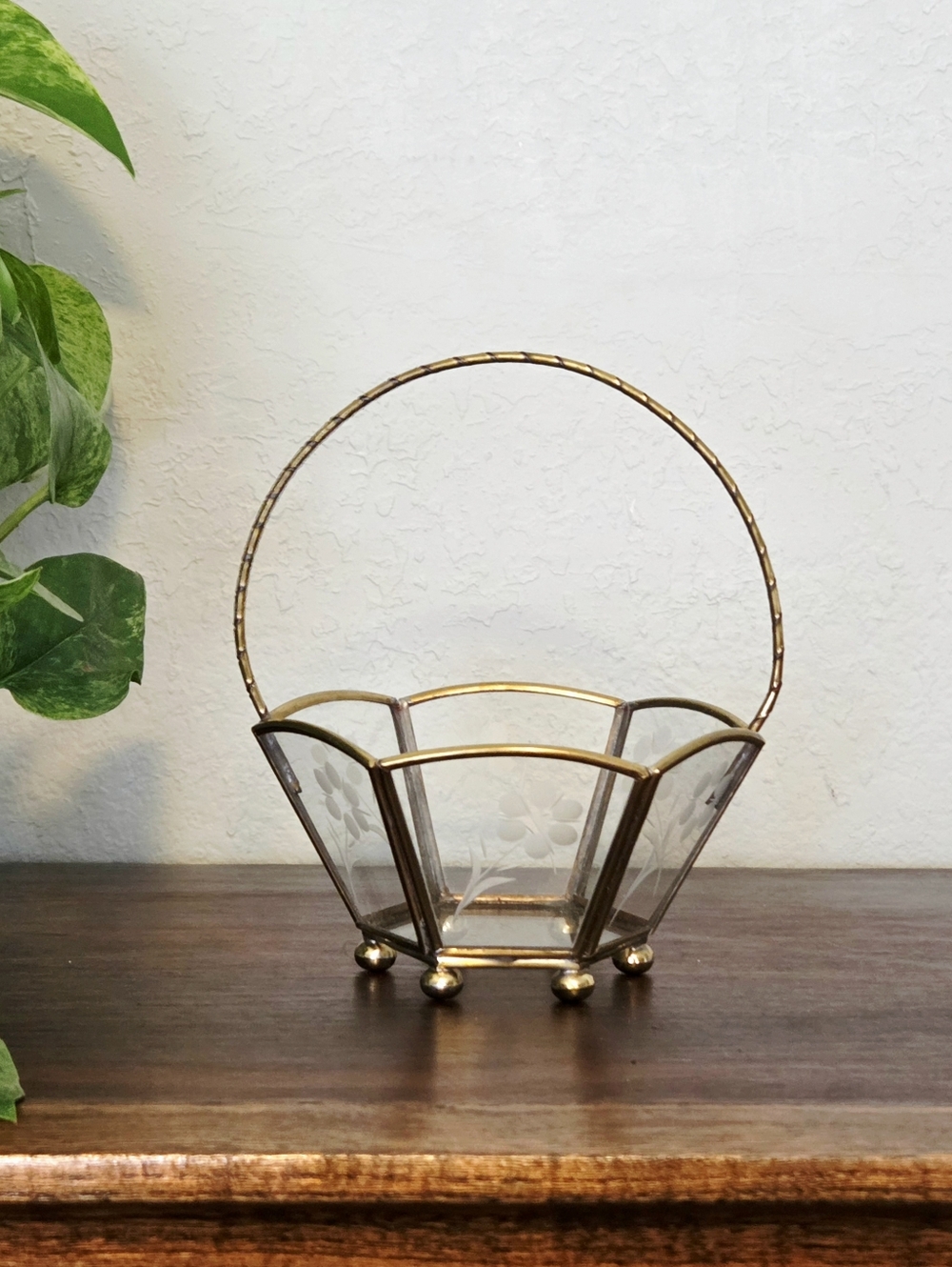 Vintage Etched Glass And Brass Decorative Basket Trinket Candy Dish